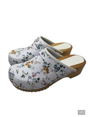 Klagn Swedish Comfort Women White Floral Slip On Clogs Open Back Shoes Size 39